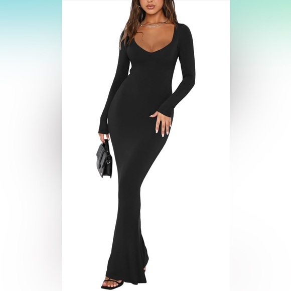 REORIA V Neck Long Sleeve Maxi Dress Bodycon Long Dresses - Picture 1 of 7